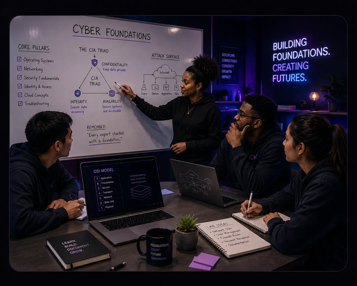 A facilitator teaches foundational security concepts at a whiteboard while three learners follow along with laptops and notes.