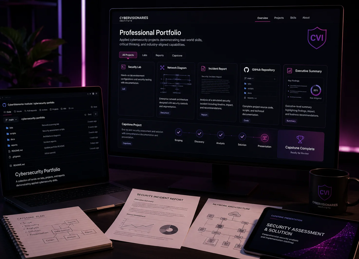 Professional cybersecurity portfolio spread across a laptop, monitor, tablet, and printed reports, showing a GitHub repository, security incident report, network architecture diagram, and capstone presentation.