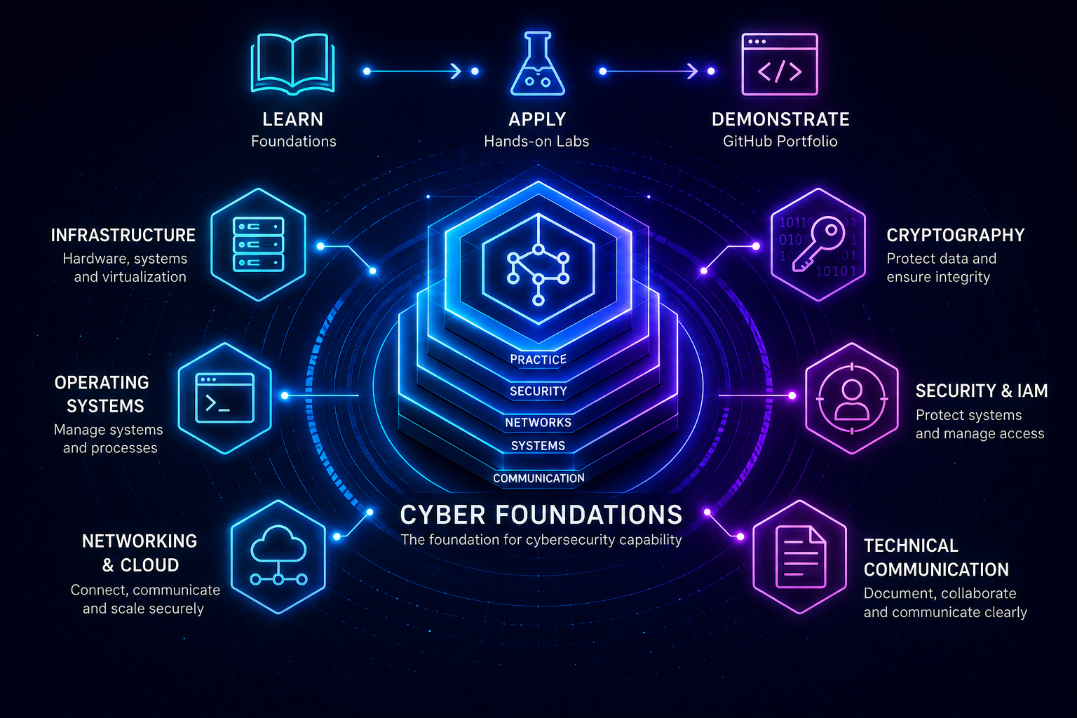 Cyber Foundations capability map: learn, apply and demonstrate across infrastructure, operating systems, networking and cloud, cryptography, security and IAM, and technical communication