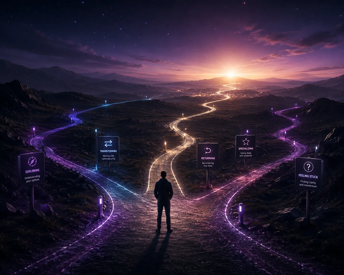 A person stands at a crossroads of glowing, branching paths, a metaphor for choosing a cybersecurity career direction.