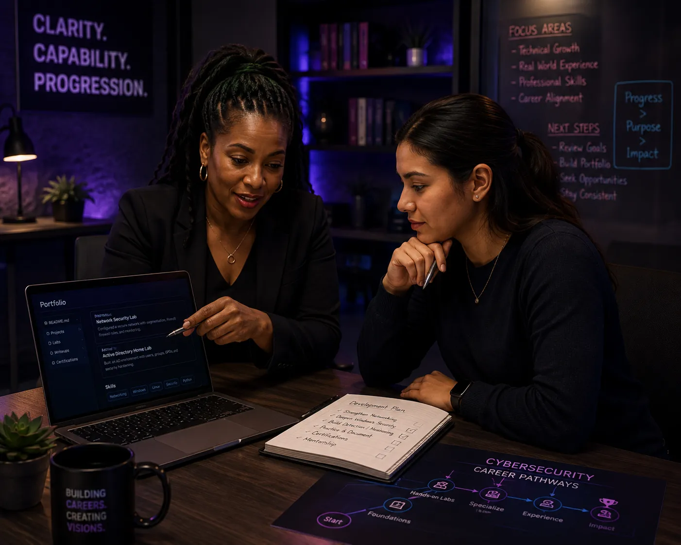A mentor and a participant review a portfolio on a laptop together, with a written development plan open beside them.