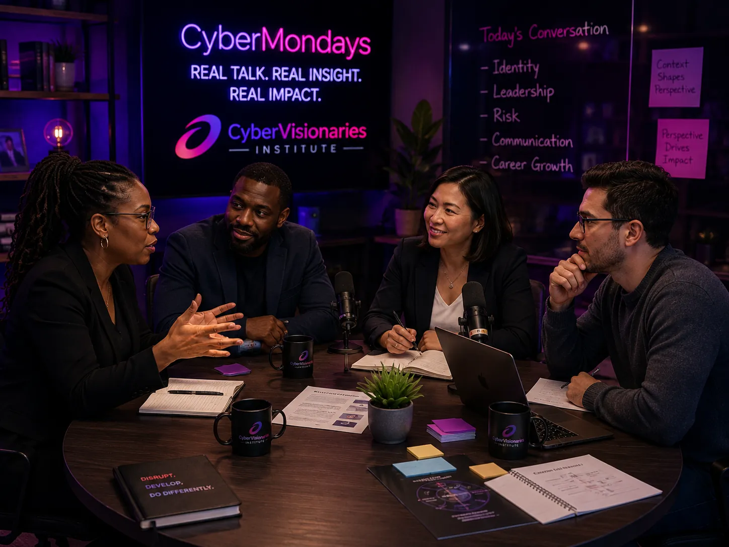 Four cybersecurity professionals take part in a CyberMondays roundtable conversation around a shared table.