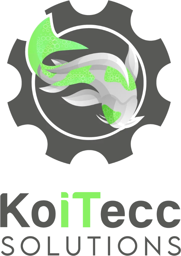 Koitecc Solutions logo: a koi fish rendered in grey and green inside a dark industrial gear, above the words KoiTecc Solutions.