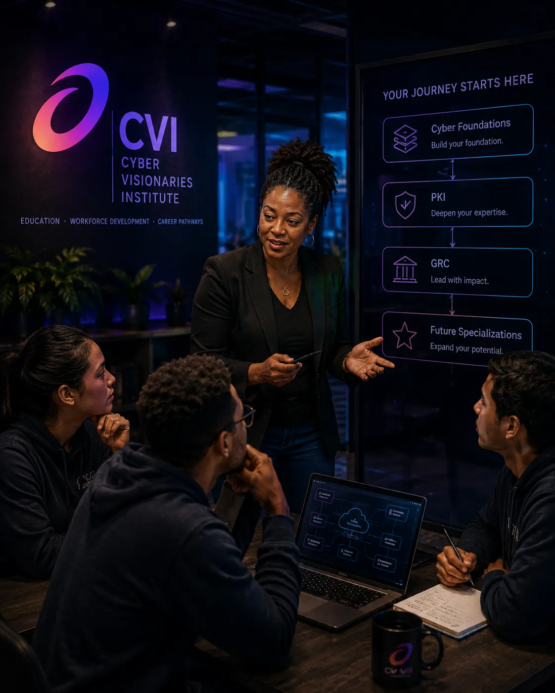 A CyberVisionaries Institute facilitator presents a career pathway diagram — Cyber Foundations, PKI, GRC, and Future Specializations — to three attentive learners in a modern workspace with CVI branding visible.